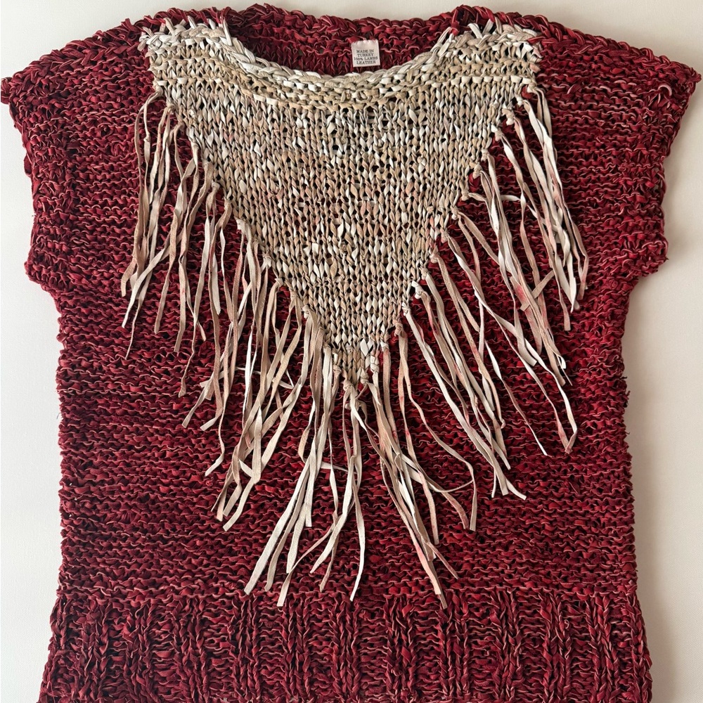 Fringed 100% Lamb Leather top in Burgundy and Cream